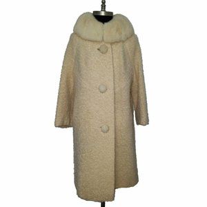 Vtg 60s Boucle Wool Mink Collar Coat S